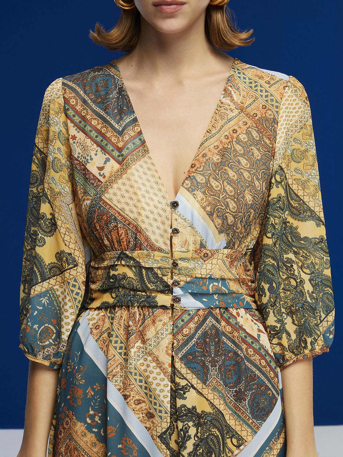 Bronze Aphrodite print midi dress for women, featuring a stylish, flowy design perfect for casual or dressy occasions.