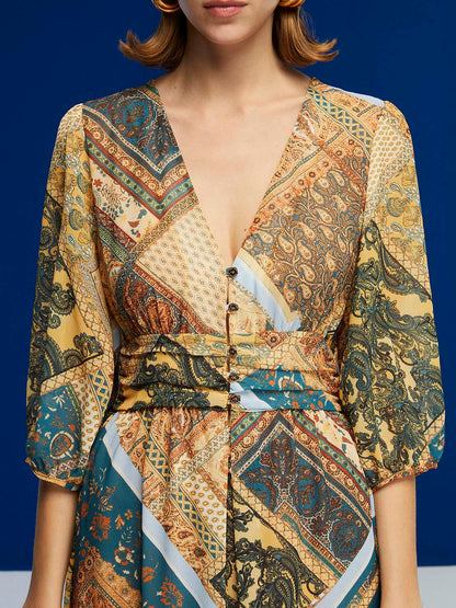 Bronze Aphrodite print midi dress for women, featuring a stylish, flowy design perfect for casual or dressy occasions.
