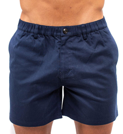 Ruby Tartarus navy cotton swim shorts displayed flat, showing waistband and relaxed fit, ideal for beach or poolside wear.