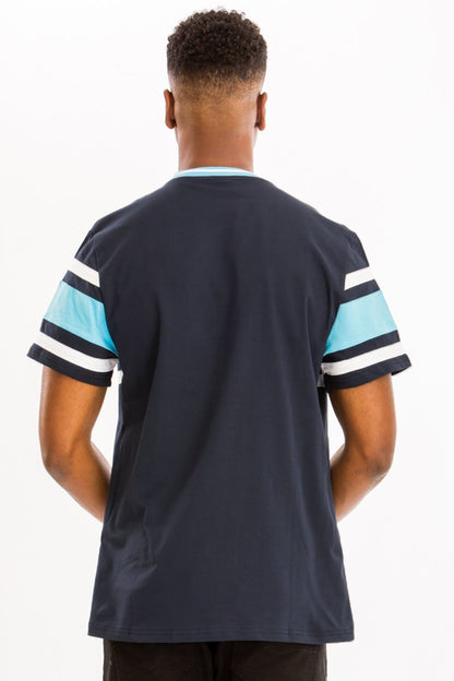 Navy Lime Milo Good Vibes T-shirt for men with bold graphic design and comfortable cotton fabric.