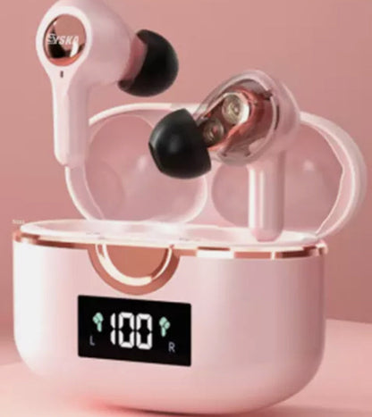 Yellow Pandora Ninja Dragon Power Bass Touch Bluetooth 5.0 T22PRO earbuds with in-ear design and touch controls, connected to mobile device.