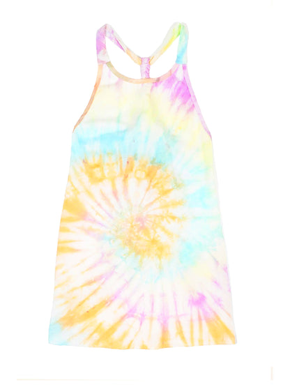 Colorful Nikita tie-dye rainbow swim coverup dress for kids by Champagne Cronus, featuring a vibrant, casual summer style.