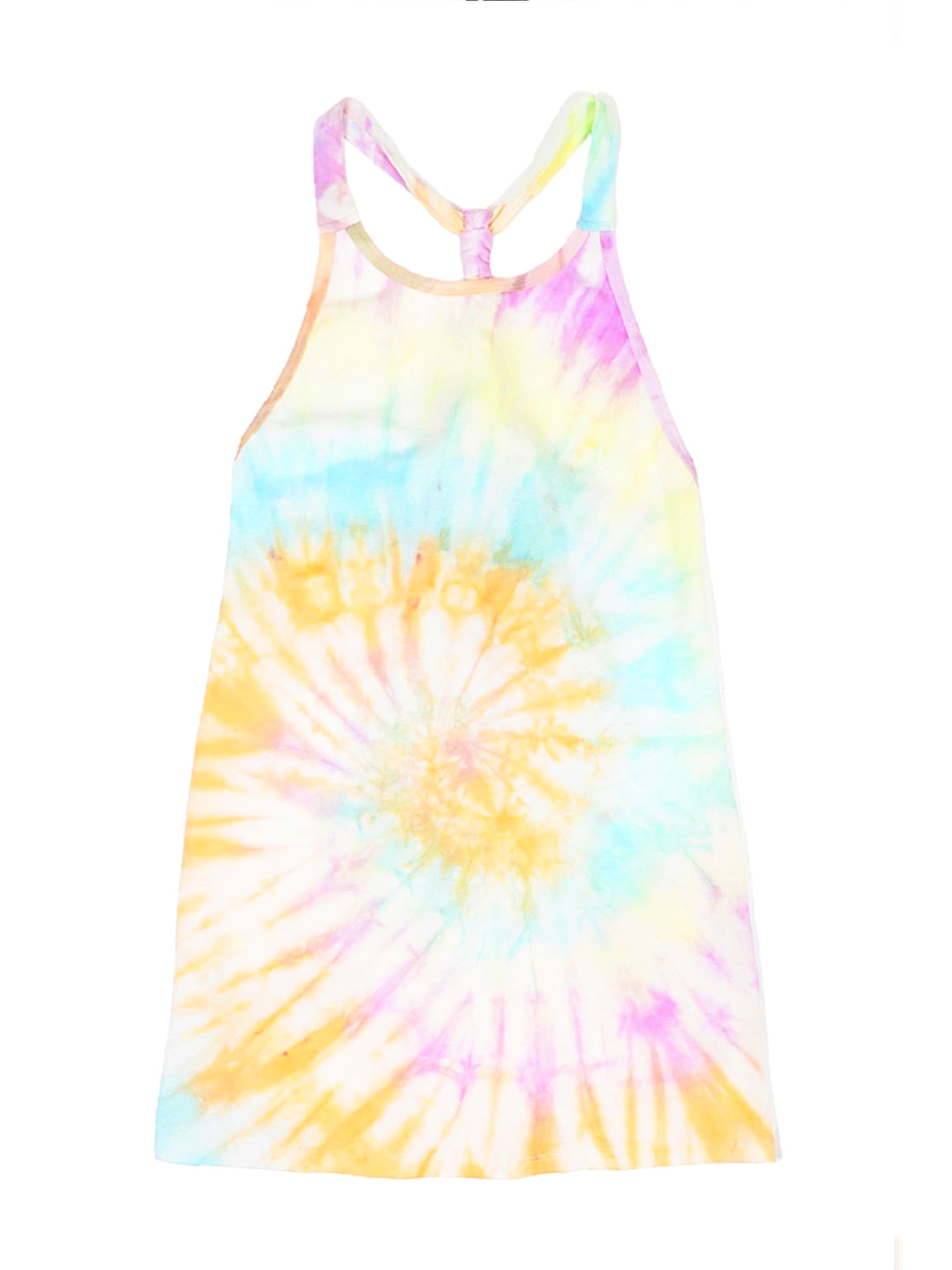 Colorful Nikita tie-dye rainbow swim coverup dress for kids by Champagne Cronus, featuring a lightweight, breezy design.
