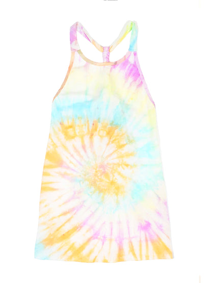 Colorful Nikita tie-dye rainbow swim coverup dress for kids by Champagne Cronus, featuring a lightweight, breezy design.