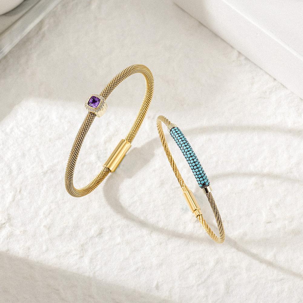 Lavender Phoebe gemstone CZ halo bangle set featuring sparkling cubic zirconia and elegant silver-tone jewelry for women.