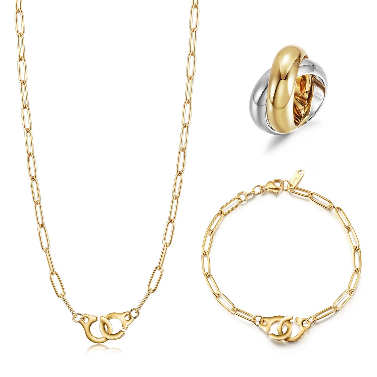 Lavender Phoebe paperclip link jewelry set featuring layered gold-tone necklaces and matching earrings on a white background.