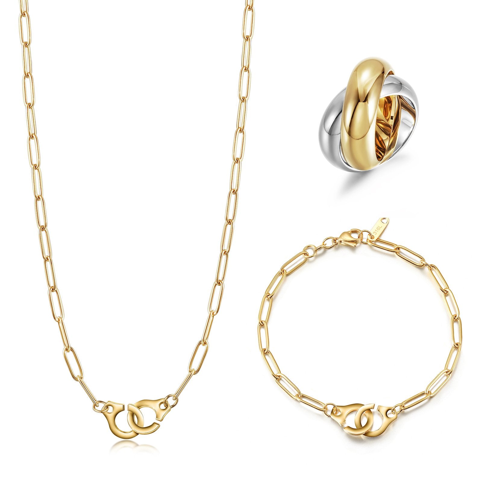 Lavender Phoebe paperclip link jewelry set featuring layered gold-tone necklaces and matching earrings on a white background.