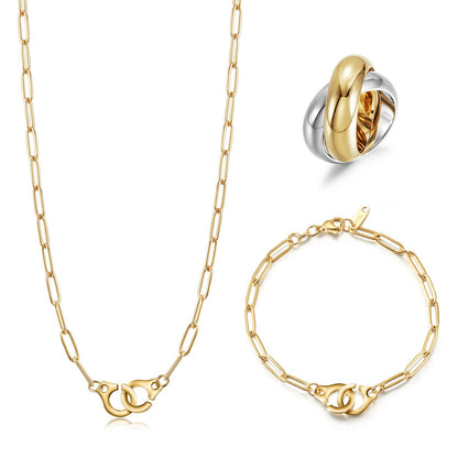 Lavender Phoebe paperclip link jewelry set featuring layered gold-tone necklaces and matching earrings on a white background.