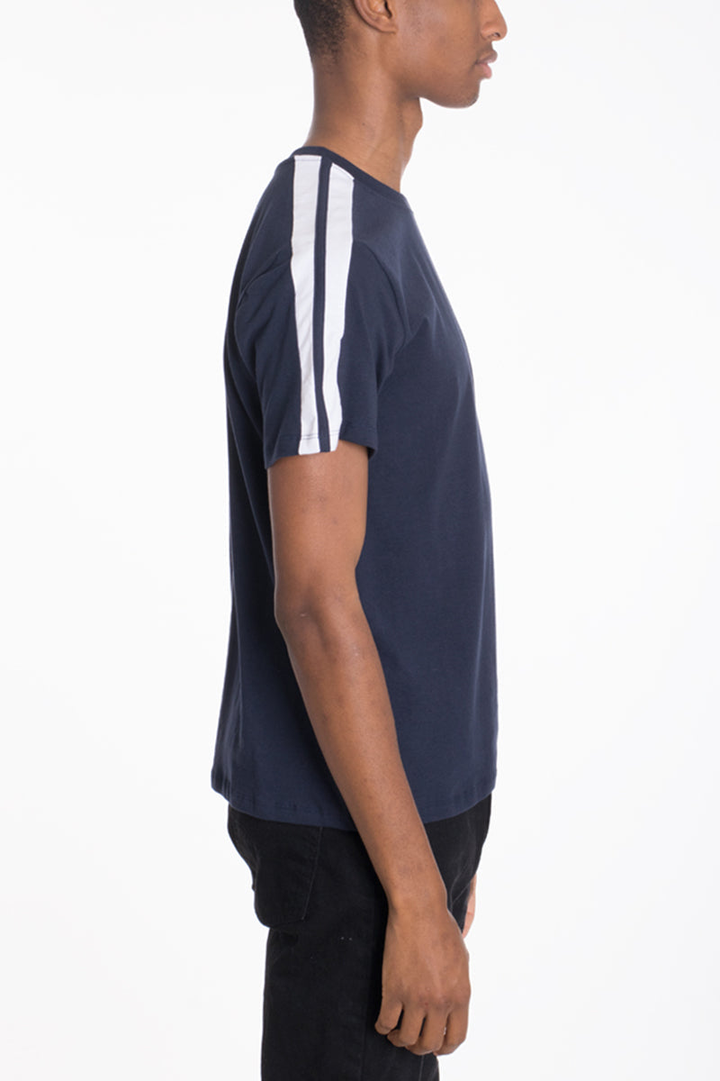 Lime Milo Coleman Two Stripe Tee T-shirt with blue and white stripes, casual fit, lightweight cotton fabric, front crew neckline.