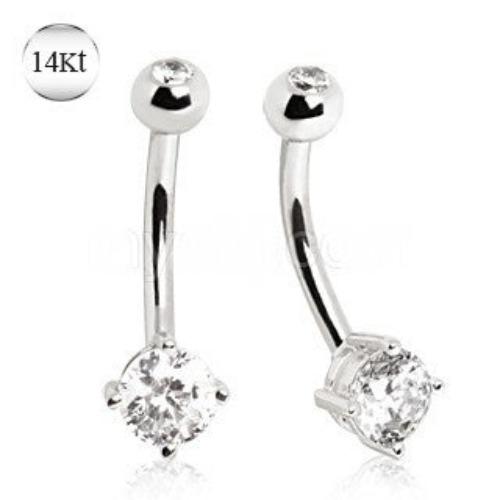 14K white gold navel ring with prong-set cubic zirconia by Peridot, featuring a sleek and elegant jewelry design.