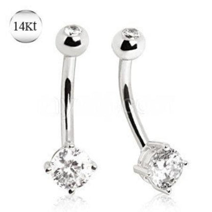 14K white gold navel ring with prong-set cubic zirconia by Peridot, featuring a sleek and elegant jewelry design.