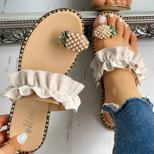 Coffee Jasper summer beach pineapple flat slippers for women, outdoor slide sandals, casual summer footwear for ladies.