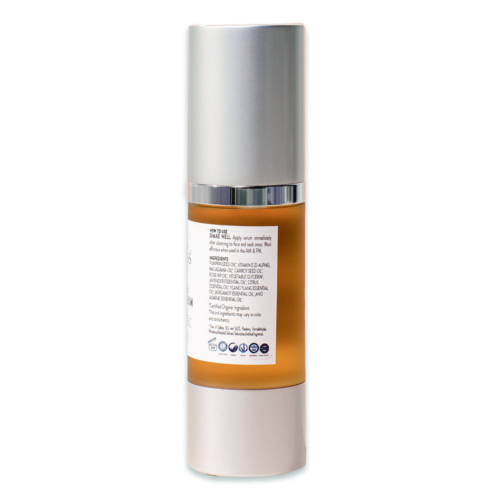 White Thalassa Organic Pumpkin and Vitamin E Serum in a sleek bottle, designed for instant glow skincare treatment.