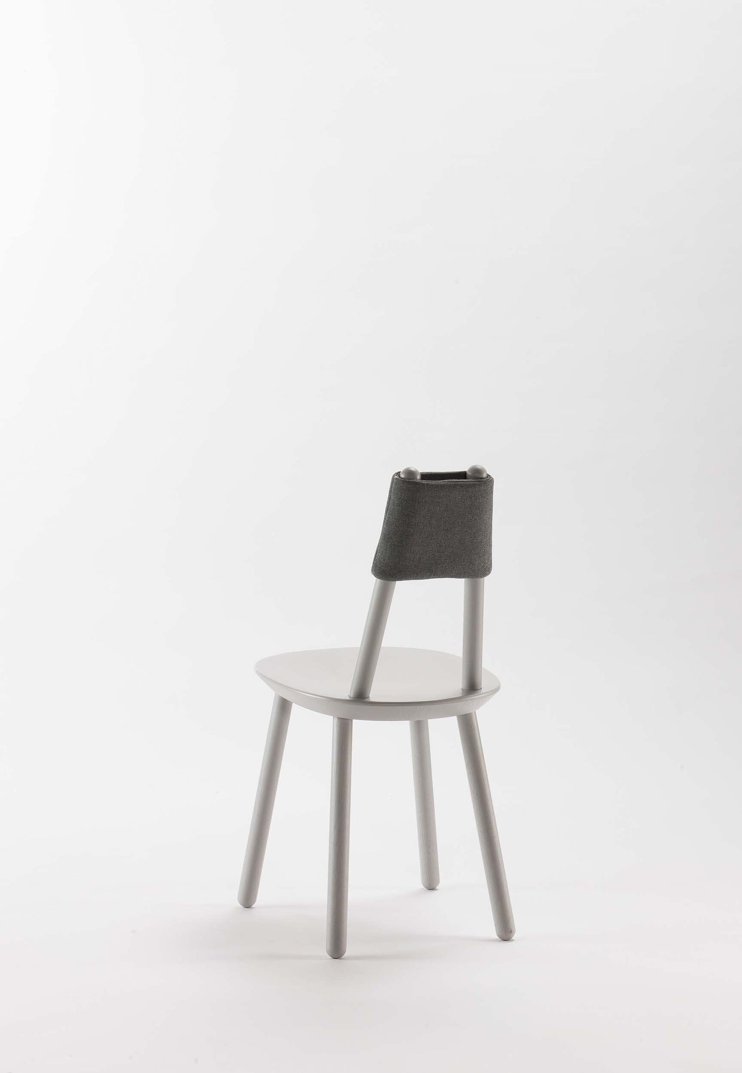 Aquamarine Poppy Naïve Dining Chair with grey upholstered seat and wooden legs, modern furniture design.