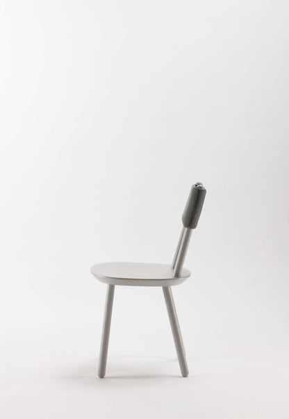 Aquamarine Poppy Naïve Dining Chair with grey fabric upholstery and wooden legs, modern furniture piece for dining rooms.
