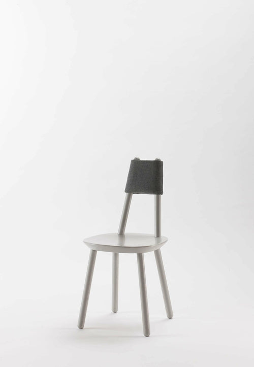 Aquamarine Poppy Naïve Dining Chair with grey upholstered seat and wooden legs, modern furniture for dining room use.