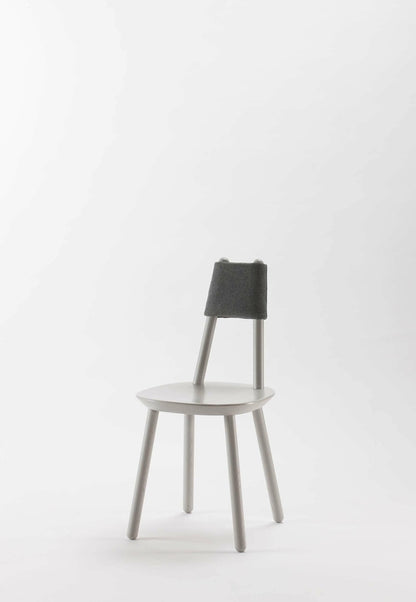 Aquamarine Poppy Naïve Dining Chair with grey upholstered seat and wooden legs, modern furniture for dining room use.