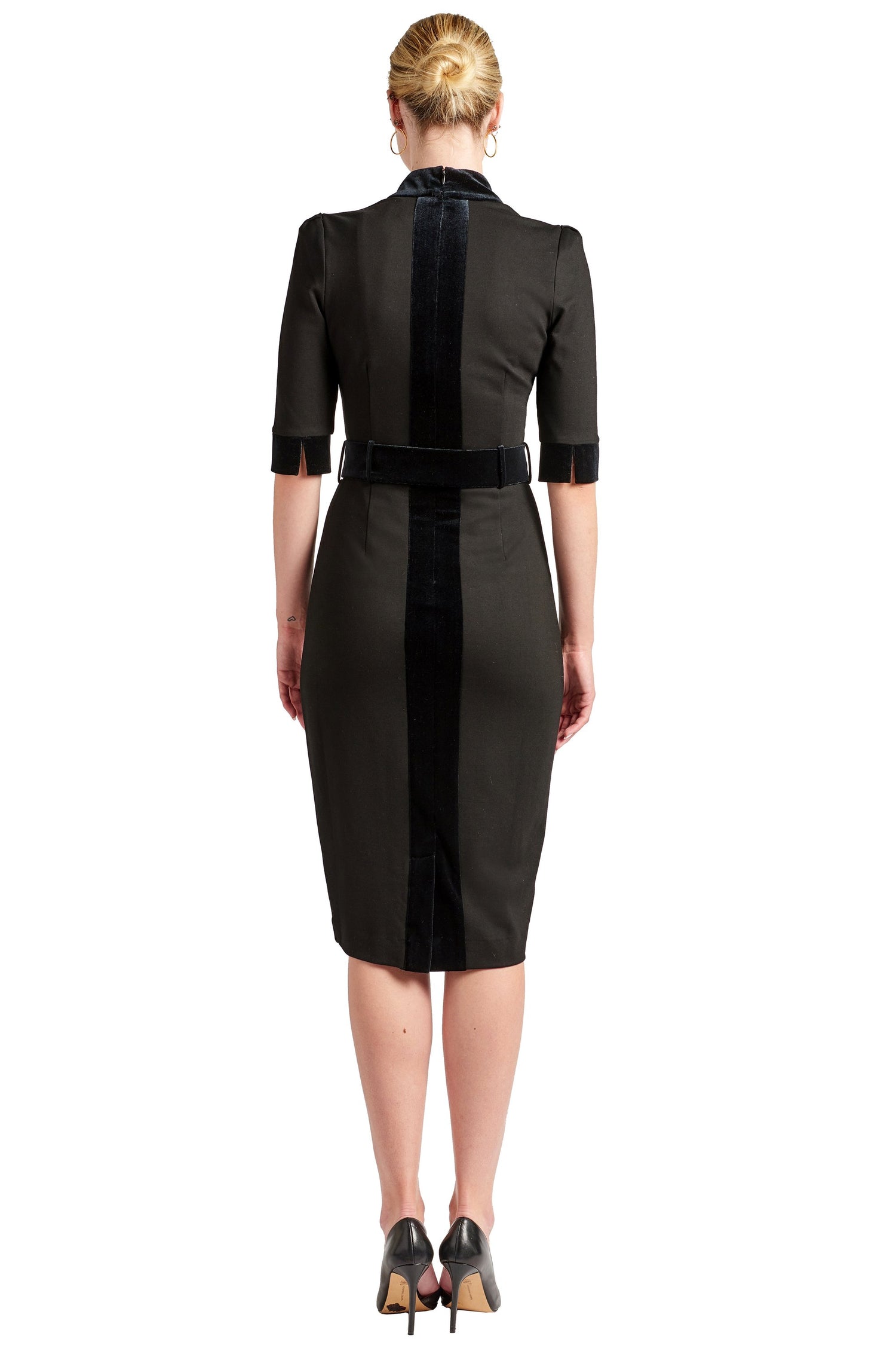 Back view of Peach Dionysus Nicola Sheath Dress featuring elbow sleeves, notch neckline, and ponte fabric.