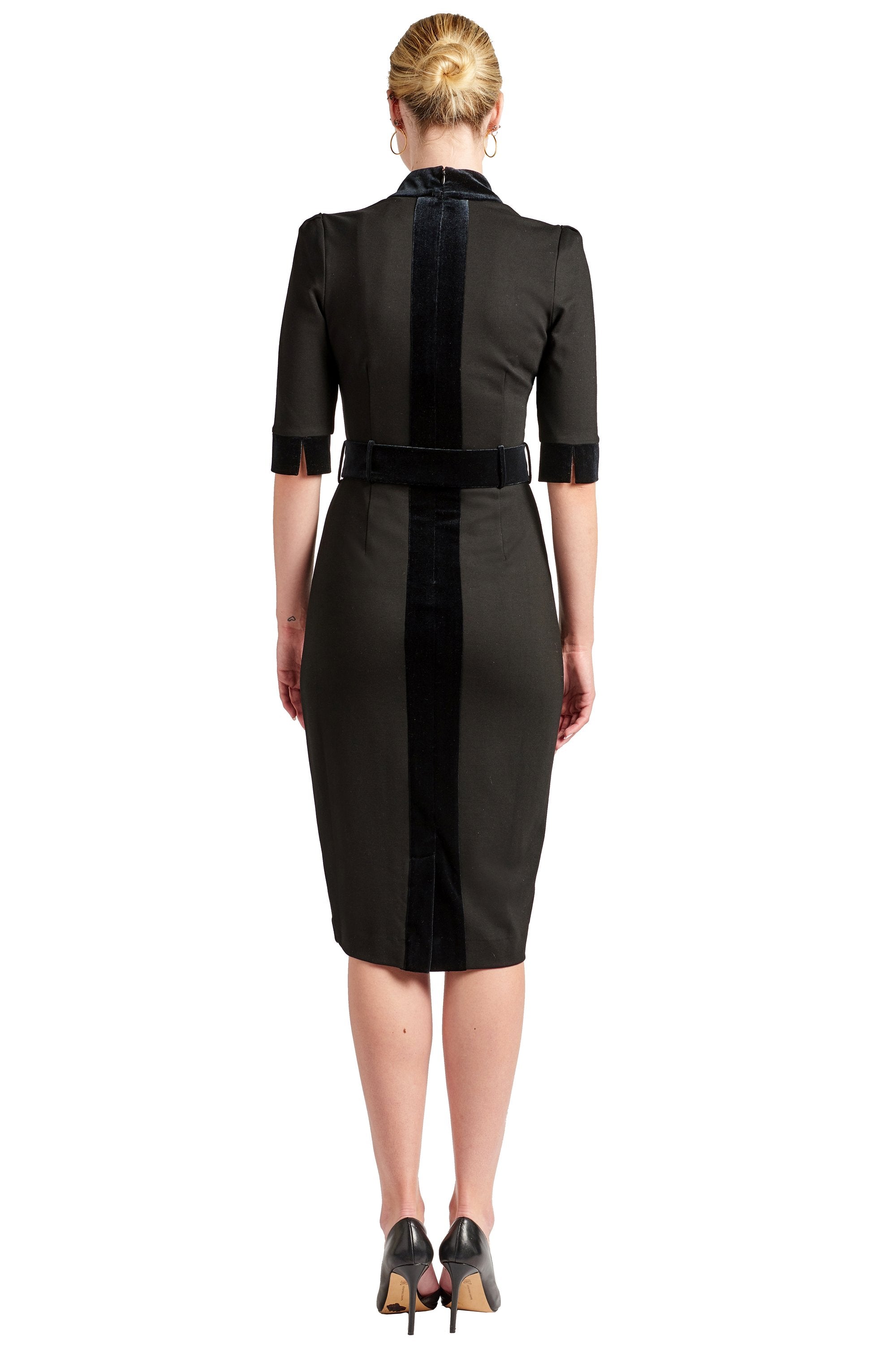 Back view of Peach Dionysus Nicola Sheath Dress featuring elbow sleeves, notch neckline, and ponte fabric.