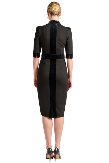 Back view of Peach Dionysus Nicola Sheath Dress featuring elbow sleeves, notch neckline, and ponte fabric.