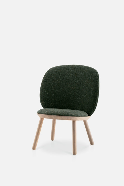 Aquamarine Poppy Naïve Low Chair with green upholstery and wooden legs, stylish modern furniture for living room or lounge area.