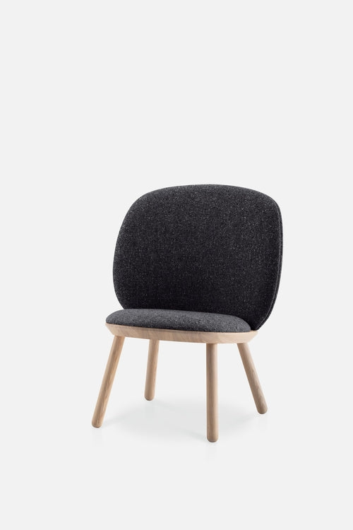 Aquamarine Poppy Naïve Low Chair in grey fabric, modern furniture piece with sleek design and wooden legs.