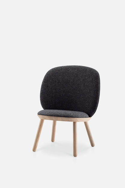 Aquamarine Poppy Naïve Low Chair in grey fabric, modern furniture piece with sleek design and wooden legs.