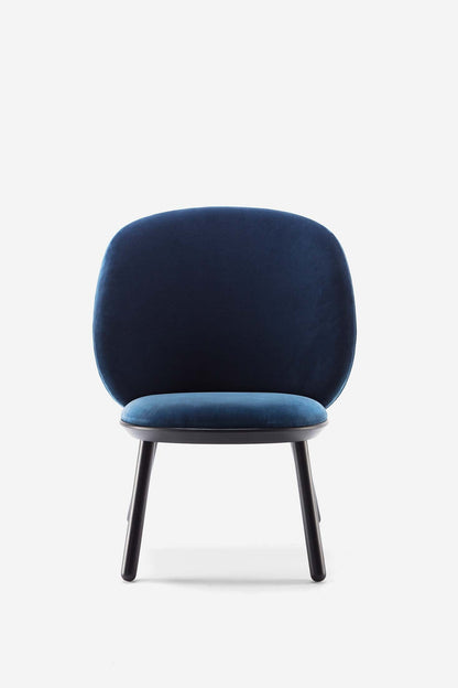 Aquamarine Poppy Naïve Low Chair in vibrant blue with a modern, minimalist design, showcasing smooth curves and wooden legs.