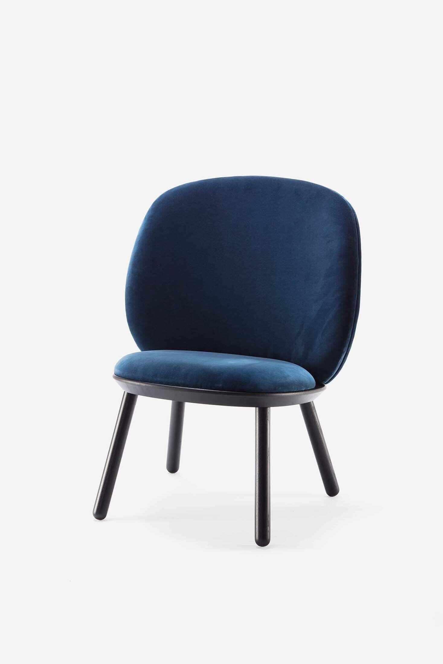 Aquamarine Poppy Naïve Low Chair with blue fabric upholstery and modern wooden legs, designed for stylish comfort.