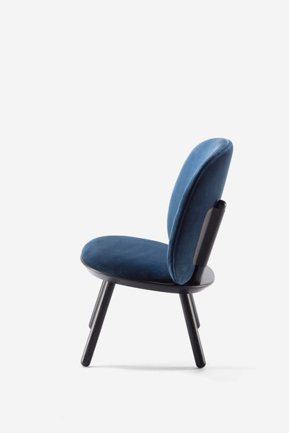 Aquamarine Poppy Naïve Low Chair with a sleek blue design, showcasing smooth curves and modern furniture style.