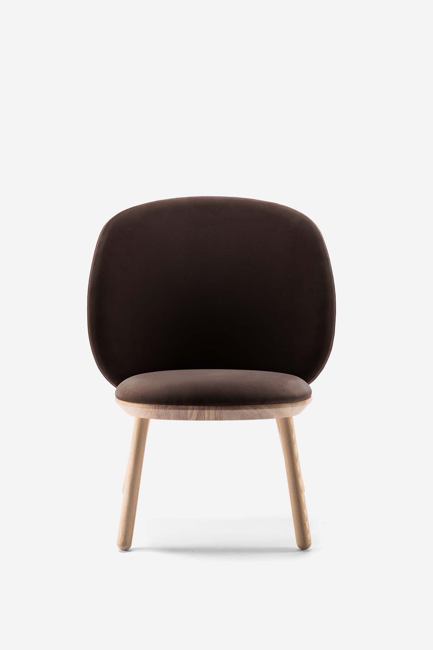 Aquamarine Poppy Naïve Low Chair in brown with sleek wooden legs and modern design, suitable for living room or lounge areas.