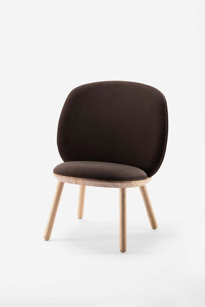 Naïve Low Chair by Aquamarine Poppy, brown wooden furniture piece with a sleek, minimalist design and curved backrest.