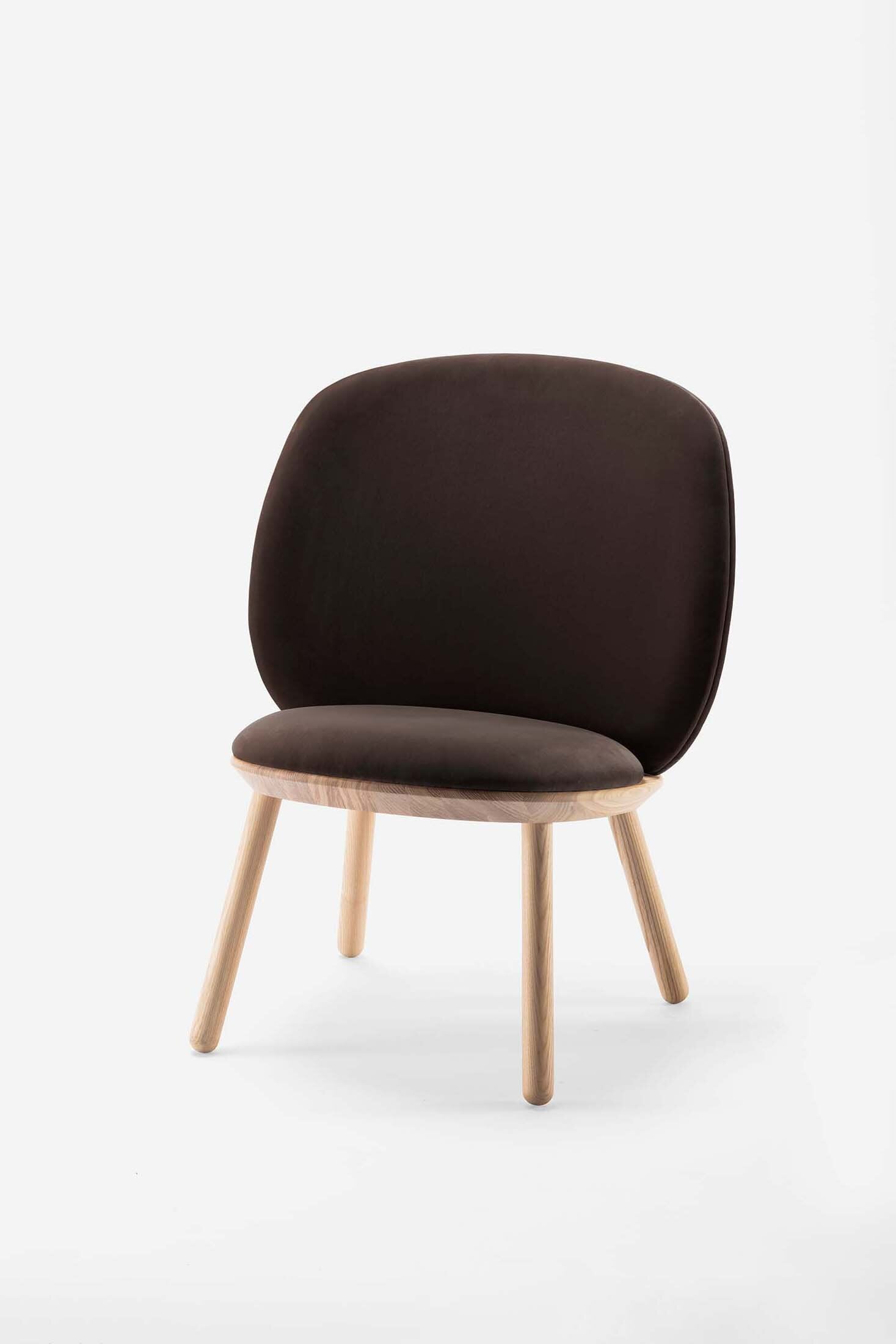 Aquamarine Poppy Naïve Low Chair in brown with a modern, minimalist design and wooden legs, showcasing its stylish furniture form.