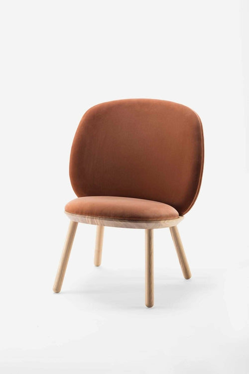 Aquamarine Poppy Naïve Low Chair with curved wooden frame and woven seat, modern furniture piece for stylish living spaces.