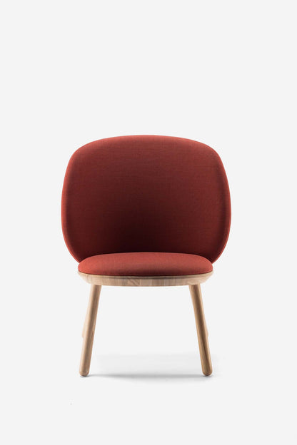 Aquamarine Poppy Naïve Low Chair in cognac leather with a sleek modern design and wooden legs.