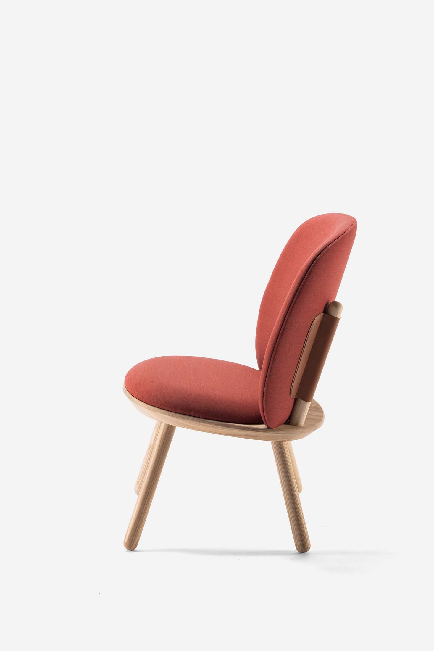Aquamarine Poppy Naïve Low Chair in cognac leather with sleek wooden legs, modern furniture piece for stylish living spaces.
