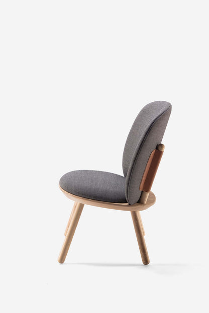 Aquamarine Poppy Naïve Low Chair in grey fabric, modern furniture with a minimalist design and wooden legs.