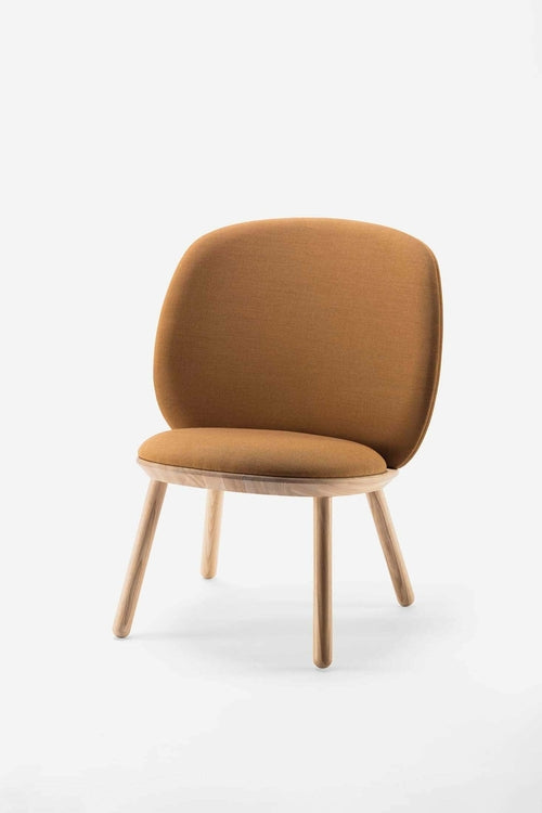 Bright yellow Naïve Low Chair by Aquamarine Poppy, showcasing its modern, minimalist furniture design with smooth curves.