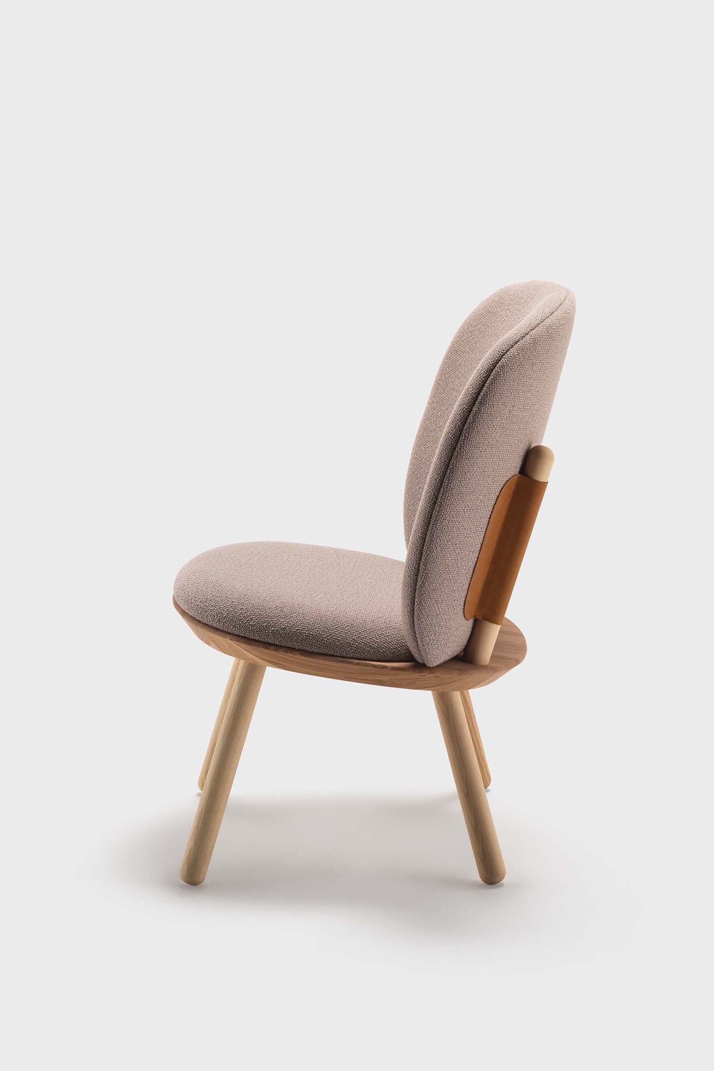 Aquamarine Poppy Naïve Low Chair in beige with wooden legs, modern furniture piece with sleek design and comfortable seating.