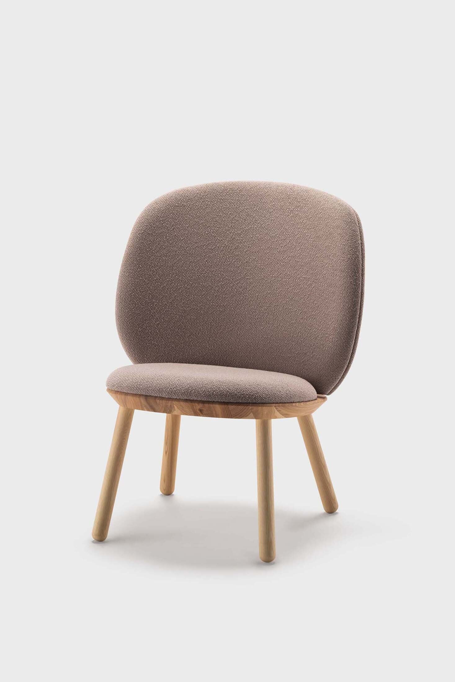 Beige Naïve Low Chair by Aquamarine Poppy, modern furniture with a sleek low-profile design and soft fabric upholstery.