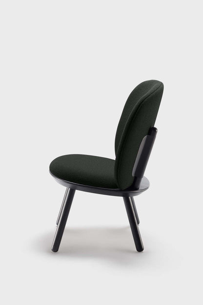 Aquamarine Poppy Naïve Low Chair in black with sleek, modern design and smooth wooden legs, ideal for contemporary living spaces.