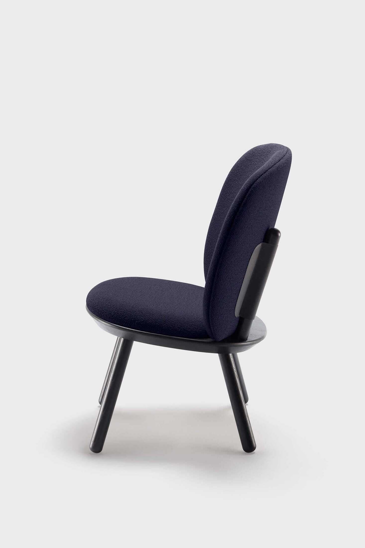 Aquamarine Poppy Naïve Low Chair with blue upholstered seat and wooden legs, modern furniture piece for living or lounge areas.