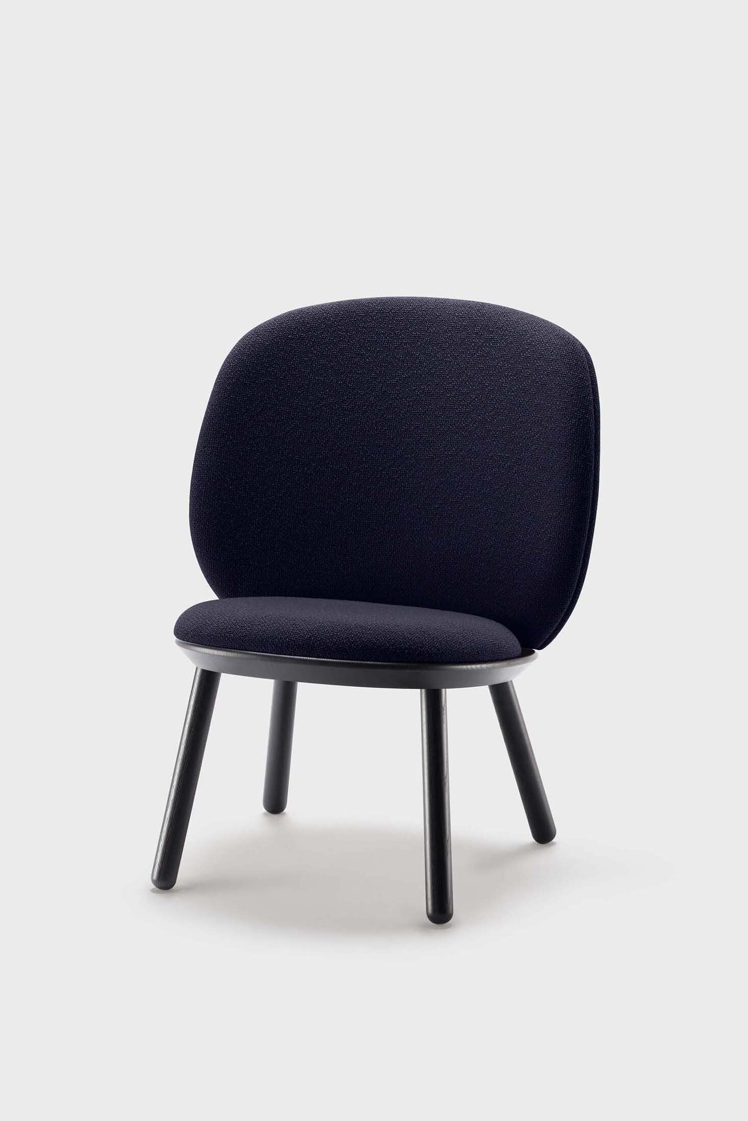 Blue Naïve Low Chair by Aquamarine Poppy, modern furniture with a sleek, minimalist design, shown from a side angle.