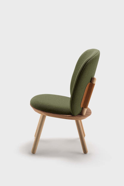 Aquamarine Poppy Naïve Low Chair in green fabric with wooden legs, modern furniture design, close-up showing seat and leg details.
