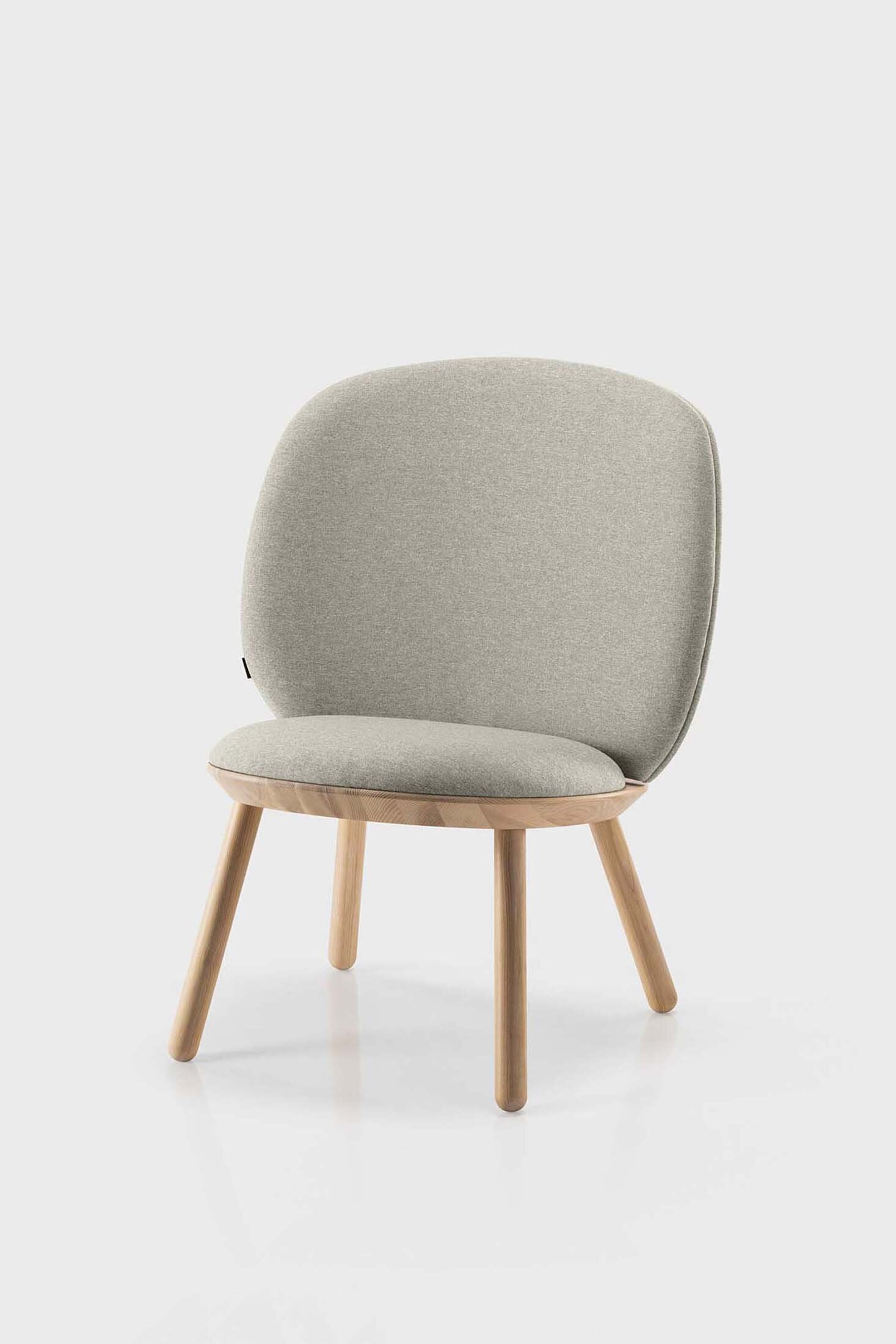 Aquamarine Poppy Naïve Low Chair in beige, modern furniture with a sleek, minimalistic design and wooden legs.