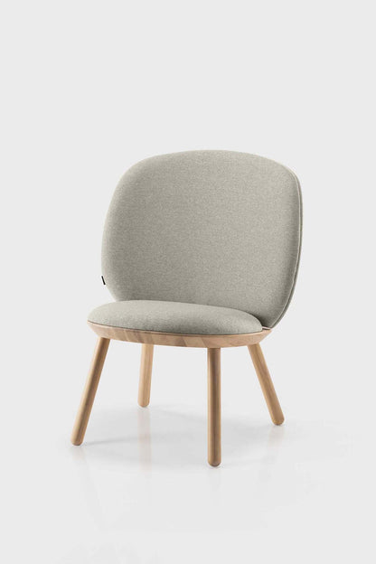 Aquamarine Poppy Naïve Low Chair in beige, modern furniture with a sleek, minimalistic design and wooden legs.