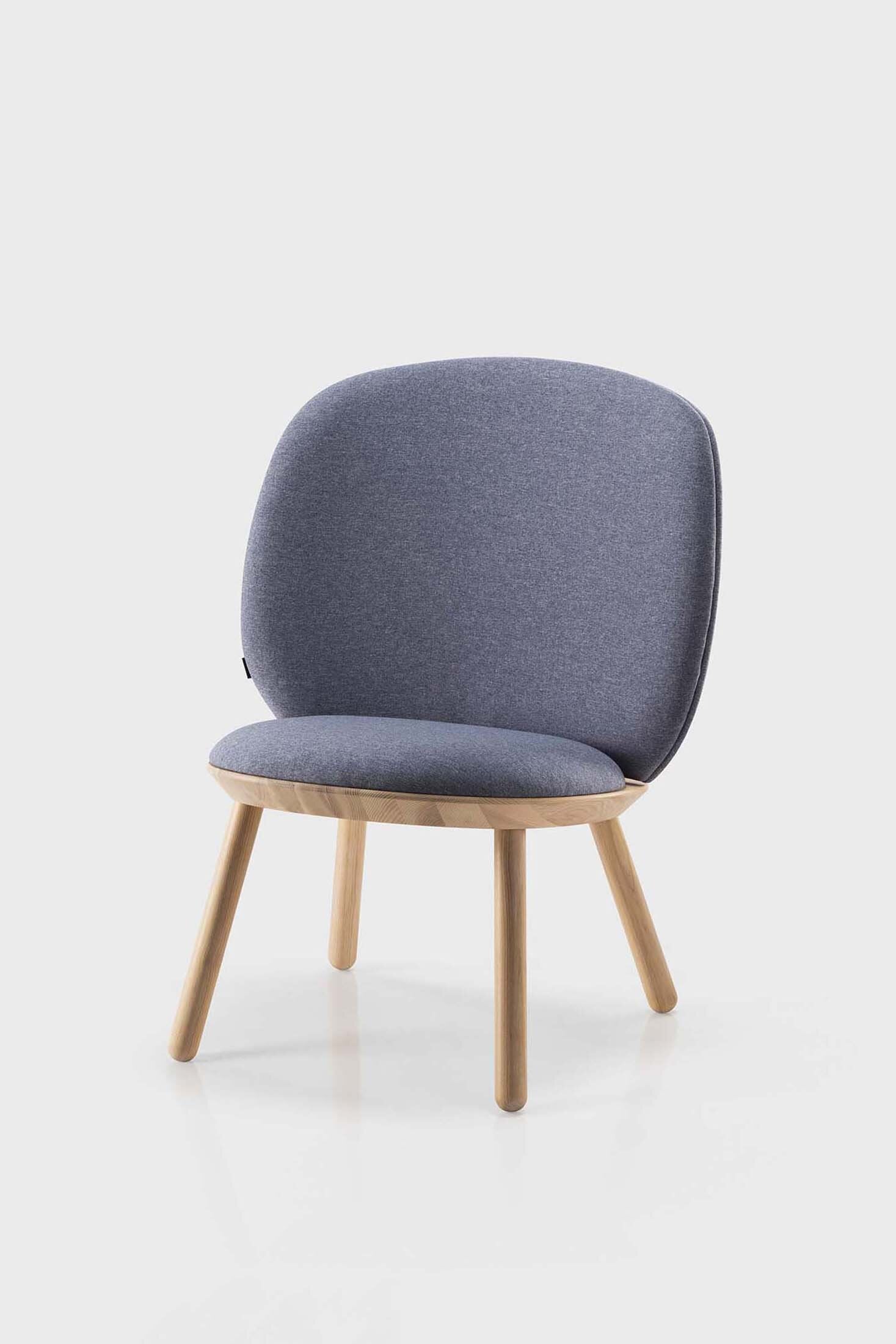 Aquamarine Poppy Naïve Low Chair with blue fabric upholstery and sleek wooden legs, modern furniture design.