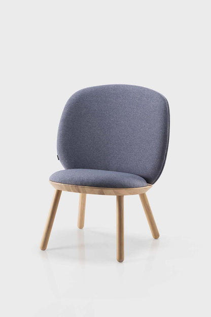 Aquamarine Poppy Naïve Low Chair with blue fabric upholstery and sleek wooden legs, modern furniture design.
