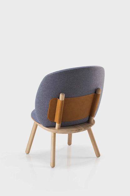 Aquamarine Poppy Naïve Low Chair with blue upholstery and wooden legs, modern furniture piece for stylish living spaces.