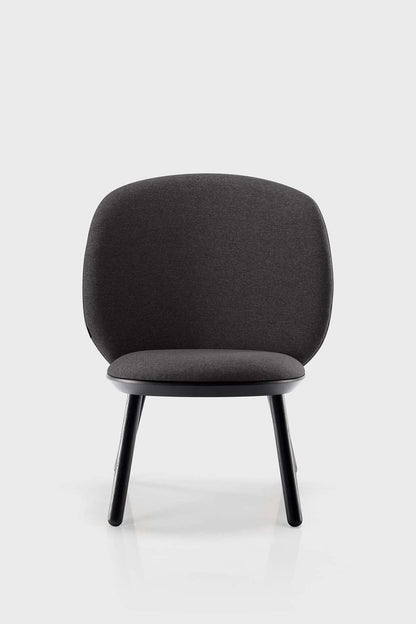Aquamarine Poppy Naïve Low Chair in grey with a modern, minimalist design and smooth wooden legs.